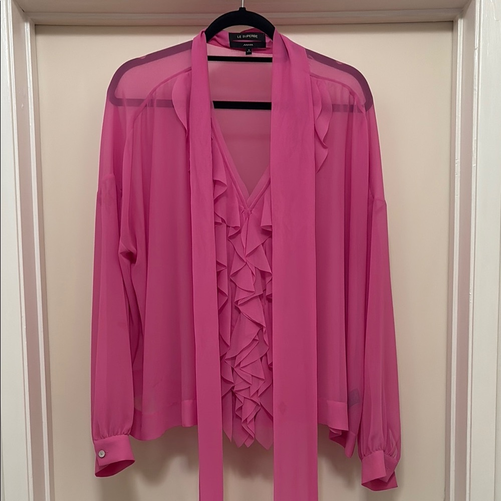 Le Superbe Pink Ruffled Sheer Blouse